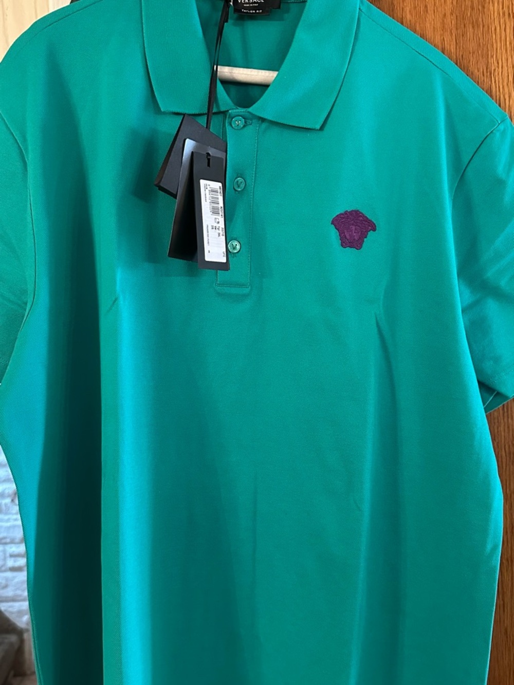 Versace Teal Polo with Purple Medusa Embroidery
